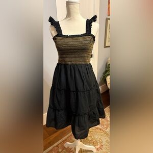J.Crew black and gold smocked tiered mini dress
